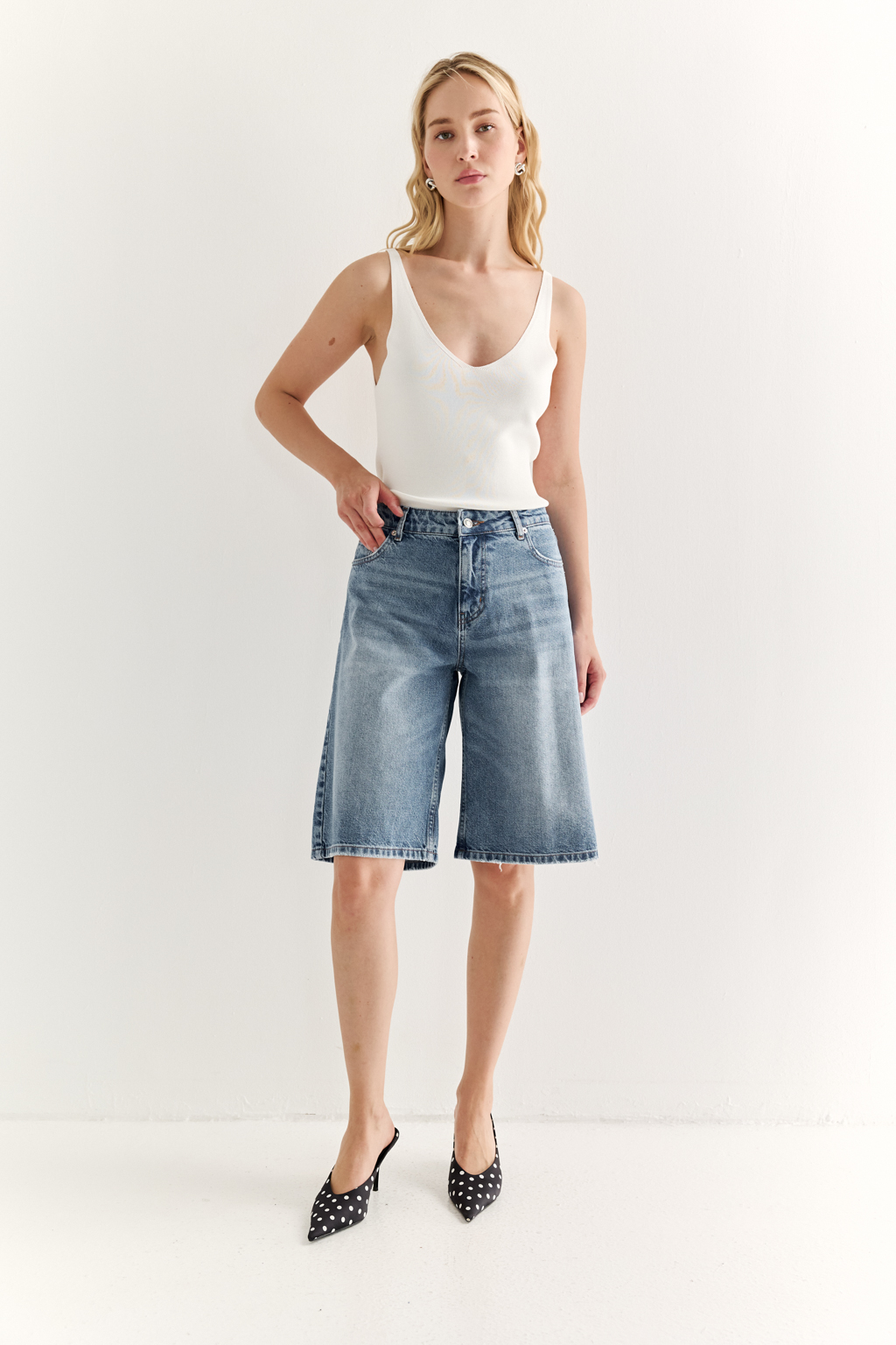 Широкие женские джинсовые шорты ниже колена из легкого денима в синем цвете. Эффект легкой потертости придаст образам расслабленности.