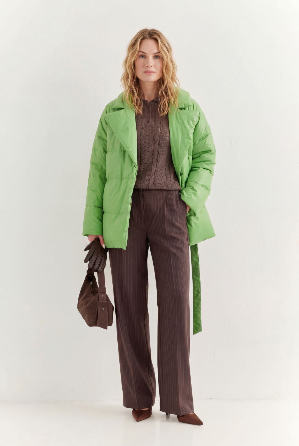 Короткий стеганый пуховик с английским воротником в цвете зеленой мяты, застегивается на кнопки, имеет регулируемый пояс, что позволяет носить изделие в разных вариациях.