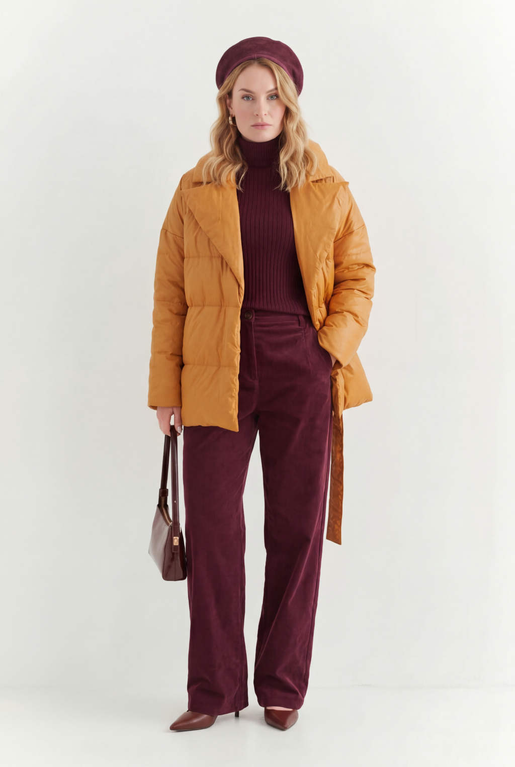 Короткий стеганый пуховик с английским воротником в горчичном цвете, застегивается на кнопки, имеет регулируемый пояс, что позволяет носить изделие в разных вариациях.