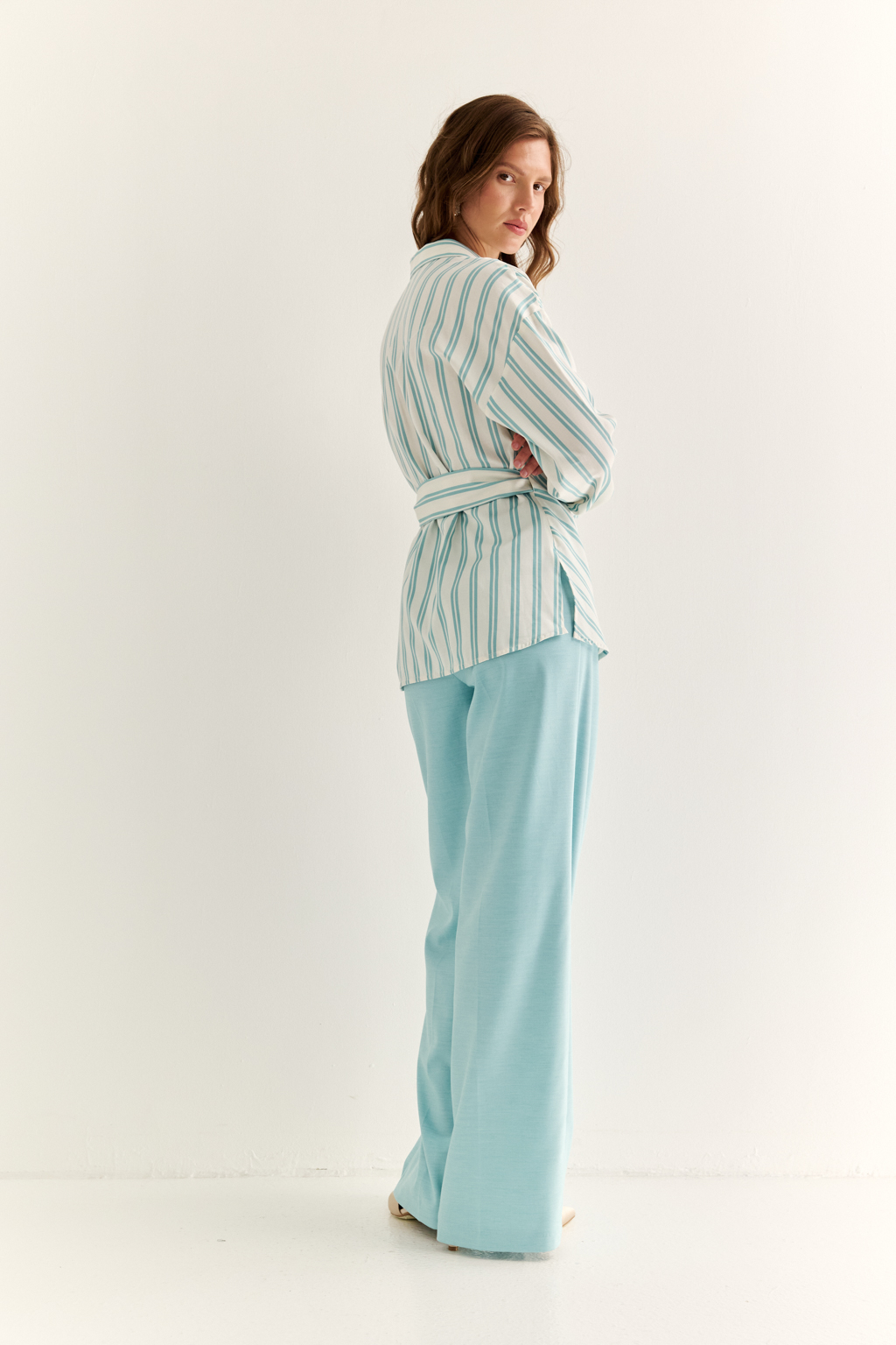 Блуза в широкую молочно-мятную полоску 