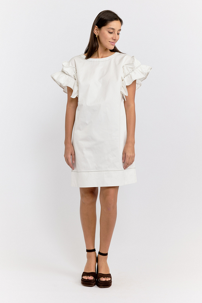 Платье мини с декоративными бретелями на сборке.