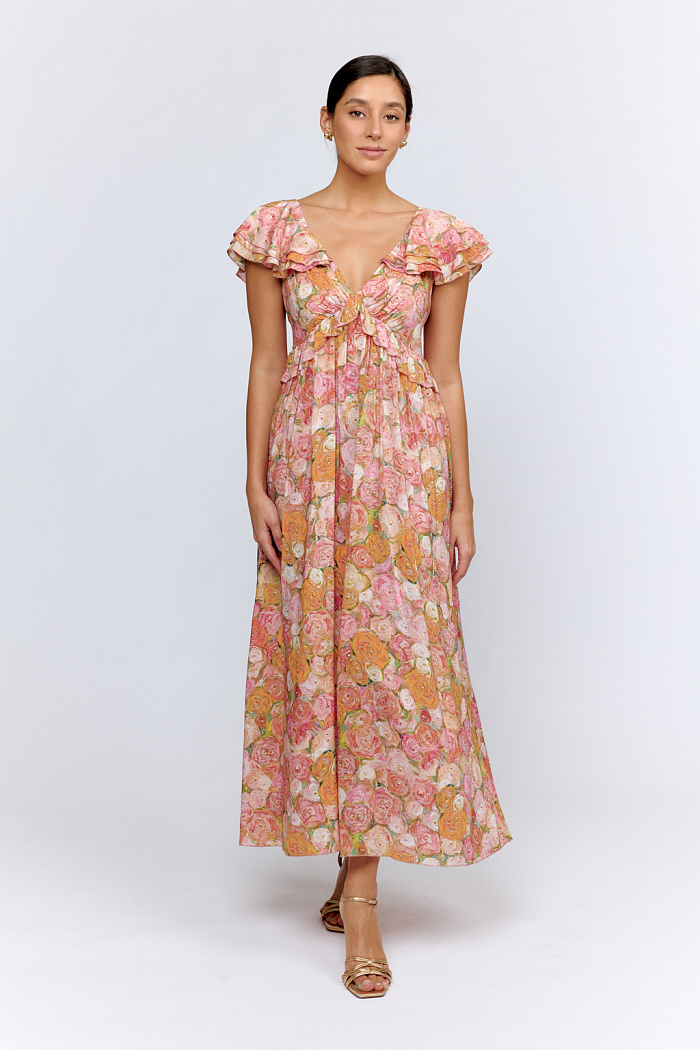 Платье с глубоким вырезом и объемными рукавами крылышками. На талии рюша со сборкой. Лиф на завязках по спинке. Длина миди. (Аромат после 10-12 стирок вымывается).