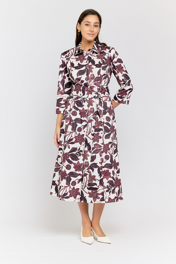 Платье рубашка с рукавом 7/8. Воротник со стойкой. Пояс из основной ткани. Приталенный силуэт длины миди.