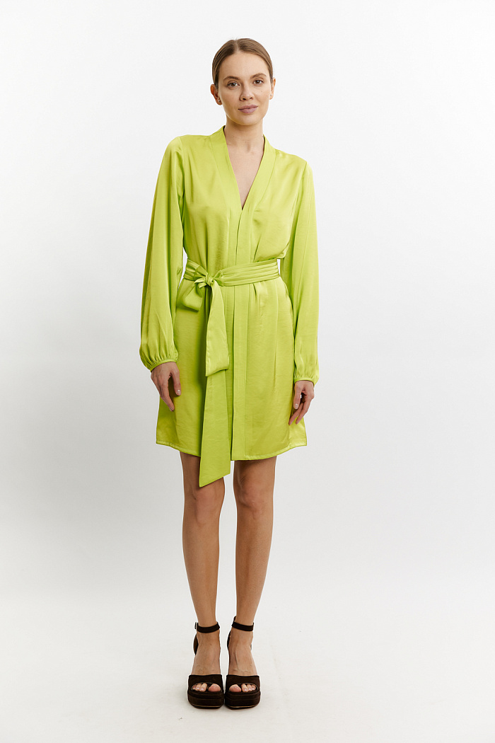 Платье-мини с иммитацией планки и поясом на талии. Рукав длинный, на манжете резинка.